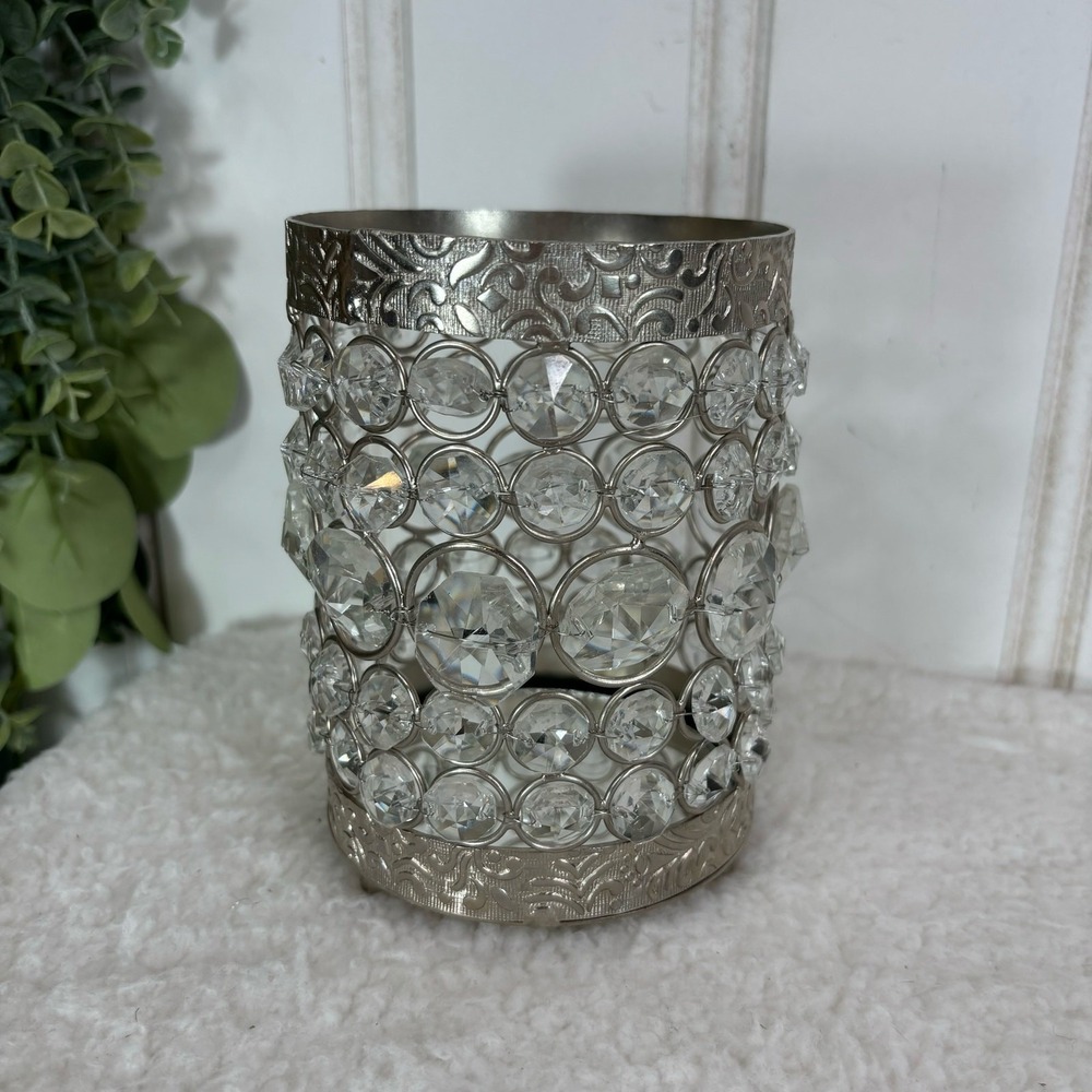 Crystal Candle Holder Silver Tone‎ Metal Holder Decorative Accent